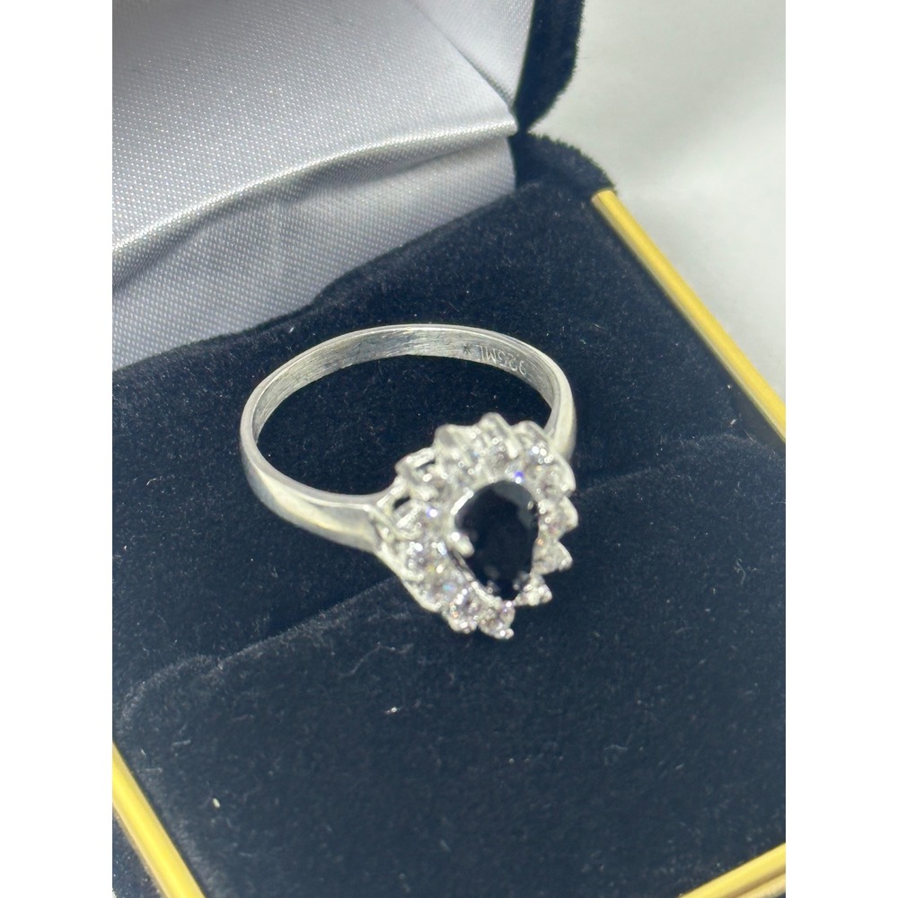 925 Sterling Silver Pear Cut Black Onyx Halo Ring Clear CZ Accents Mexico Size 7